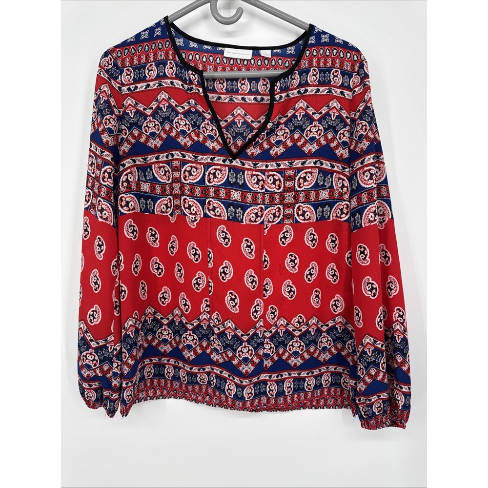 New York & Company - Red White Blue Paisley Long Sleeve Blouse - Size Small